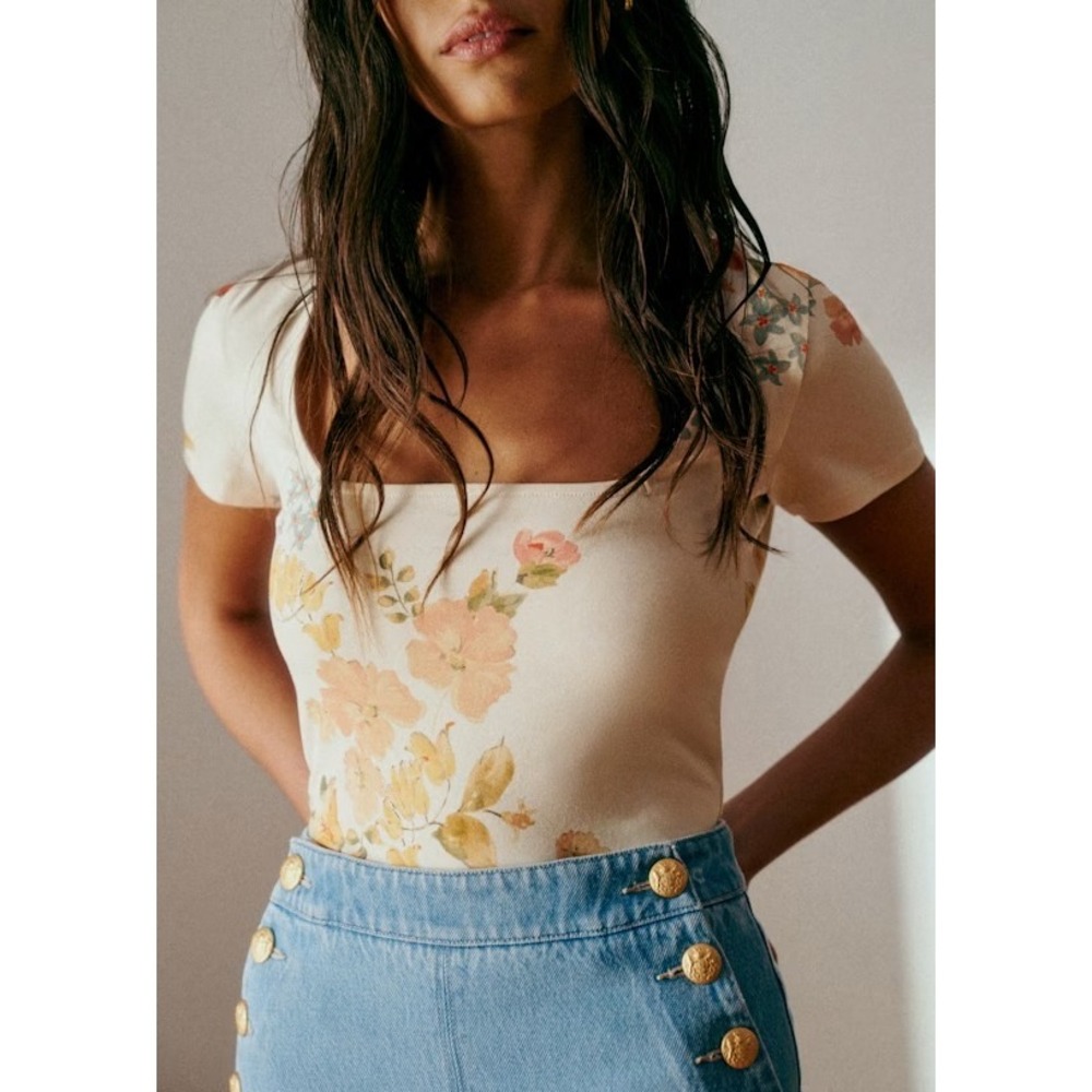 Sezane Square Neck Floral Organic Cotton Tee Cream Peach S25TSH063M Small